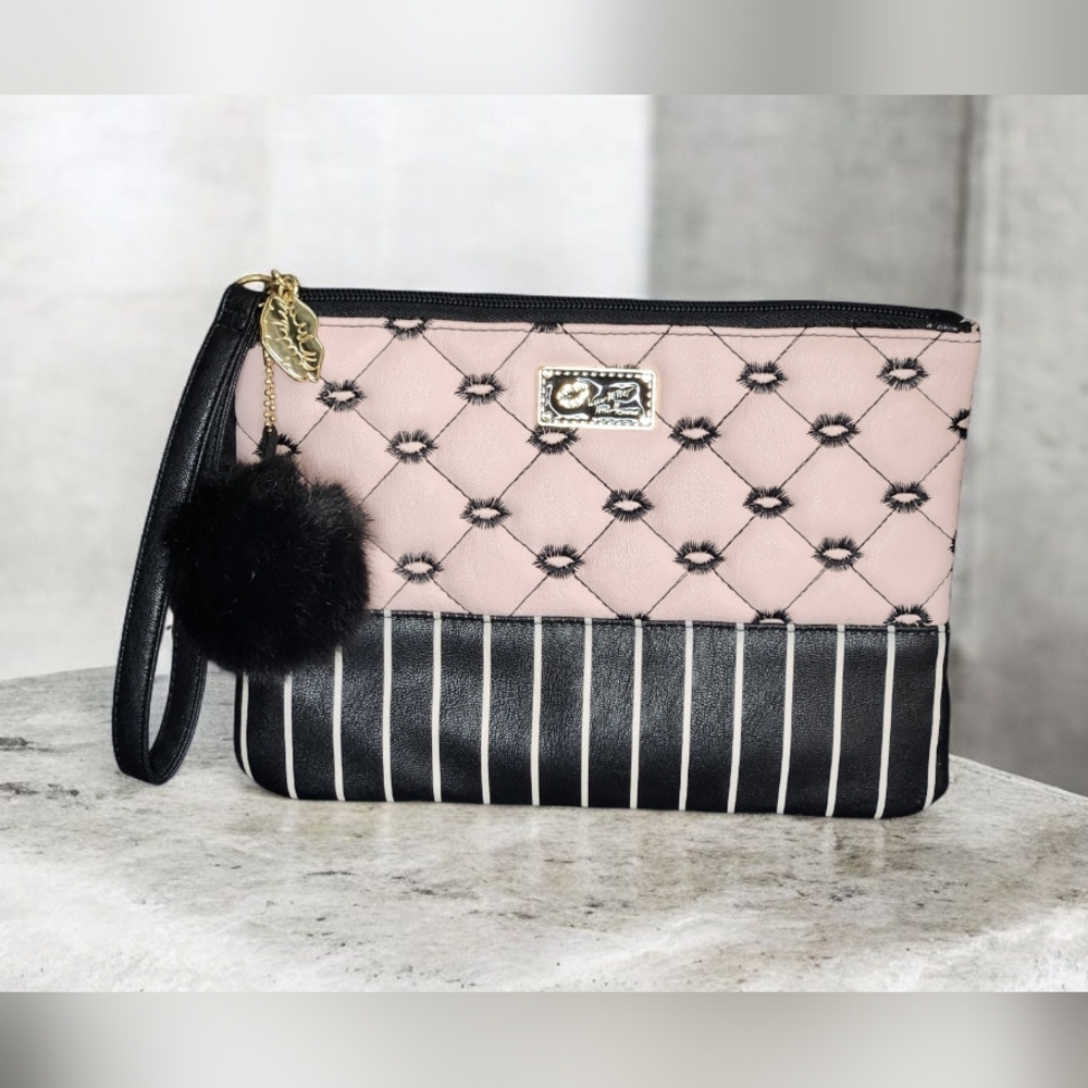 LUV BETSEY Johnson Small Pink Black LIPS Make Up Purse Pouch Clutch Bag POM POM